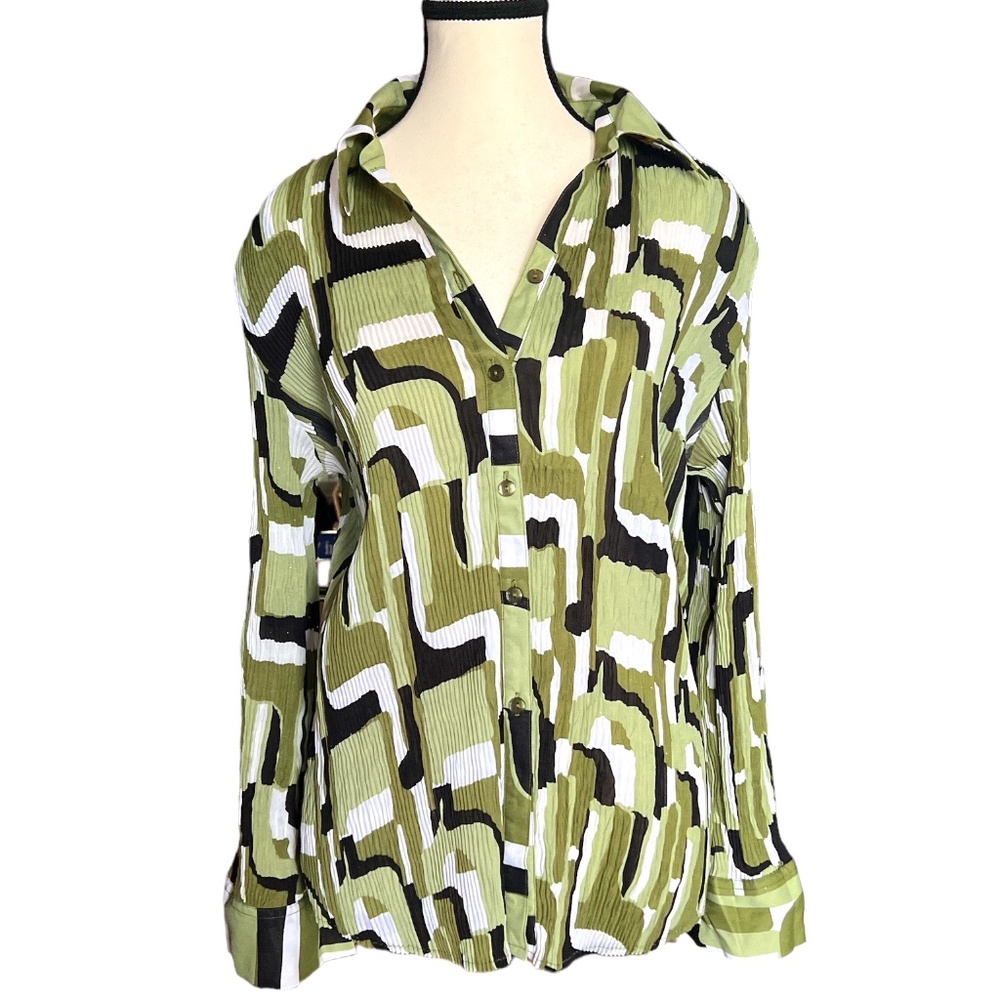 ESSENTIALS BY MILANO - MULTI - COLORED SCRUNCHED BUTTON UP BLOUSE